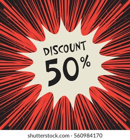 Comic explosion business concept poster with text 50 percent discount, vector illustration