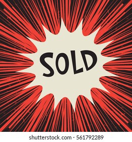 Comic explosion business concept poster with text Sold, vector illustration