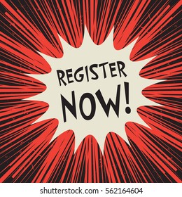 Comic explosion business concept poster with text Register Now, vector illustration