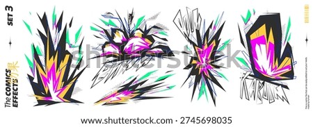Comic Explosion Effect with Abstract Manga Style and Cartoon Anime Impact, Featuring Dynamic Smoke and Vector Elements for A Vibrant Background. Energetic Burst with Dramatic Line Art.