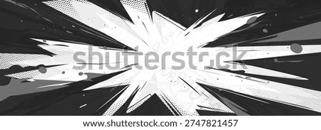 Comic Explosion Effect with Abstract Manga and Cartoon Halftone Bg for Anime in Black and White with Impact. Smoke and Vector Explosive Elements with Flame and Bang for A Vibrant Background of Energy and Motion