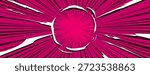 Comic explosion effect on red background. Vector cartoon illustration of anime style burst with radial black and white lines, round frame in center, manga hero appearance backdrop, super energy impact