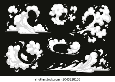 Comic Explosion Effect Set. Vector Dust Smoke Cloud, Puff, Mist, Fog, Watery Vapour, Cartoon Energy Blast And Motion Speed Sparks. Visual Effects For Game, Print, Promo, Video Or Web Design.