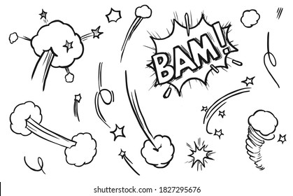 Comic explosion element. Hand drawn comic book element isolated vector icon set. Sketch sign burst cloud, mem expression speech, bubble bam label illustration. Bomb explosion effect symbol pack