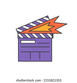 Comic explosion film clapperboard with sparks pop art groovy style decorative design vector cartoon illustration. Movie clapper for shooting cinematography process media entertainment industry