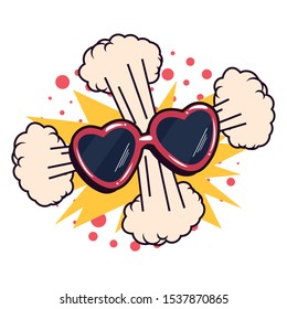 comic explosion glasses shape hearts pop art vector illustration