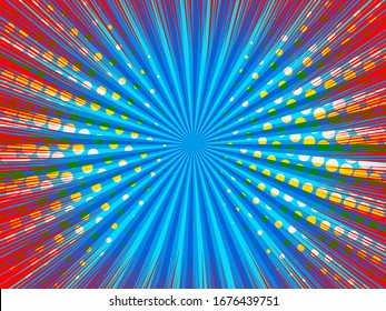 Comic explosion horizontal background with blue radial yellow halftone and red rays effects. Vector illustration