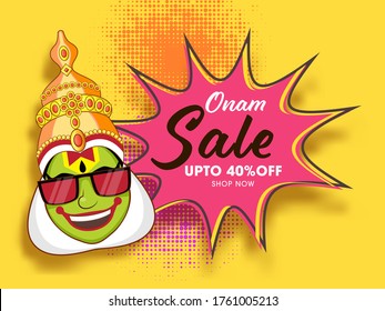 Comic Explosion Onam Sale con 40% de Oferta de Descuento y Alegre Cara de Kathakali con efecto semitono Fondo Amarillo para el Concepto de Publicidad.
