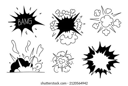 Comic Explosion Set. Bomb Explosion, Meteorite Fall, Smoke Cloud And Fire Flash. Atomic Boom Or Dynamite Detonation, Black Elements Doodle Style, Vector Cartoon Hand Drawn Isolated Illustration