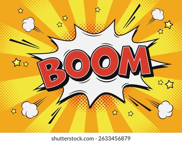 Bolha de fala de explosão cômica com boom de texto no estilo pop art retro em frente ao fundo de raio com pontos de meio-tom. Ilustração vetorial.