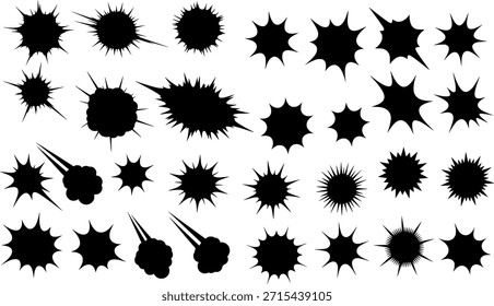 Comic Explosion and Starburst Shape Icons. Dynamic Action Burst Silhouette Set.