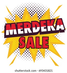 Comic explosion, store promo sale with Merdeka Sale Word. Vector stock of Independence Day of Indonesia. Pop art style and half tone background.