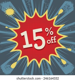 Comic explosion with text 15 percent off, vector illustration