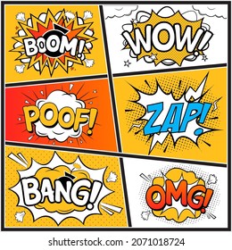 Comic explosion vector with text bubbles collection. Comic burst set with colorful wordings clouds. Collection of funny explosion bubbles for comic speeches. Cartoon comic text patches.