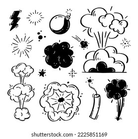 Comische Explosionen und Bomben setzen. Redeblasen mit den Worten bom, boom, pow. Vektordoodle 