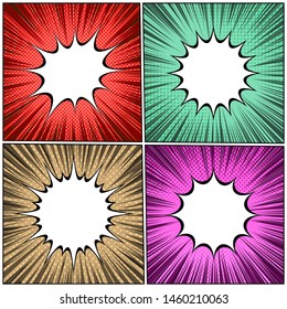 Comic explosive backgrounds composition with blank white speech bubbles dotted and rays effects. Vector illustration