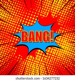 Comic explosive bright concept with Bang wording blue speech bubble yellow halftone effects on red background. Vector illustration