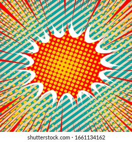 Comic explosive bright concept with blank speech bubble stripes rays and halftone humor effects. Vector illustration