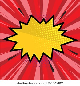 Comic explosive bright concept with blank speech bubble and blot on red background. Vector illustration