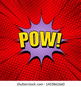 Comic explosive bright concept with yellow Pow wording purple speech bubble rays slanted lines and halftone effects on red background. Vector illustration