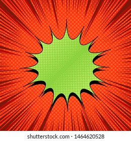 Comic explosive bright template with blank green speech bubble rays and halftone effects on orange background. Vector illustration