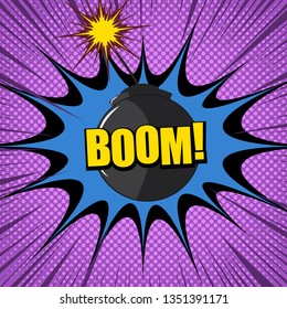 Comic explosive and burst concept with bomb Boom wording speech bubbles rays and halftone effects on purple background vector illustration