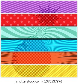 Comic explosive colorful horizontal banners with halftone exploding bomb shape and different humor effects. Vector illustration