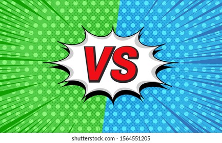 Comic explosive competition and fight concept with VS letters speech bubble green and blue dotted rays halftone effects. Vector illustration