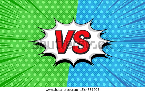 Comic explosive competition and fight\
concept with VS letters speech bubble green and blue dotted rays\
halftone effects. Vector\
illustration