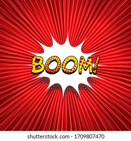 Concepto explosivo cómico con la frase Boom de burbuja de habla blanca sobre rayos rojos y fondo radial. Ilustración del vector