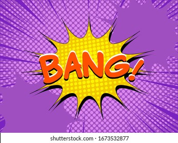 Comic explosive concept with red Bang yellow speech bubble purple blots halftone and rays effects. Vector illustration