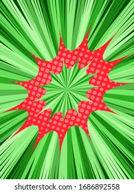 Comic explosive concept with red speech bubble green radial and rays effects. Vector illustration