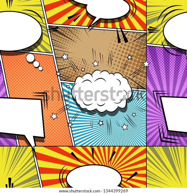 Comic explosive creative\
seamless pattern with white blank speech bubbles of different\
shapes sound clouds stars and different colorful humor effects.\
Vector illustration