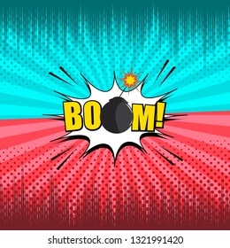 Comic explosive duel template with speech bubble bomb sound halftone radial rays humor effects in turquoise and red colors. Vector illustration