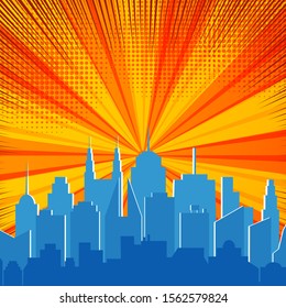 Comic explosive and dynamic template with blue city silhouette orange radial rays and halftone effects. Vector illustration