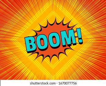 Comic explosive light concept with Boom wording speech bubble orange diamonds halftone rays effects. Vector illustration