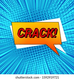 Comic explosive light template with red Crack wording rectangular speech bubble rays and halftone effects. Vector illustration