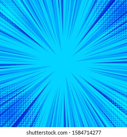 Comic explosive and motion blue background with beams speed rays and halftone effects. Vector illustration