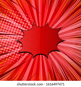 Comic explosive red concept with blank speech bubble radial rays and halftone effects. Vector illustration