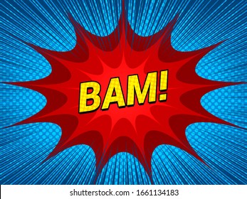 Comic explosive template with Bam inscription red speech bubbles blue rays and halftone background. Vector illustration