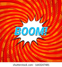 Comic explosive template with Boom wording white speech bubble orange dots halftone twisted radial and rays effects. Vector illustration