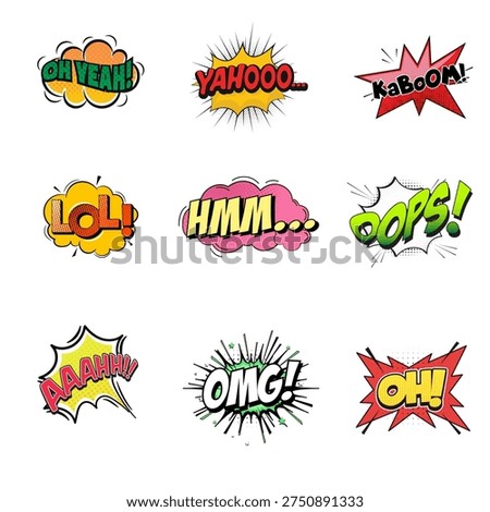 Comic Expression Burst Set, Pop Art Speech Elements. Wow Oops Boom Effects, Cartoon Vector Collection.