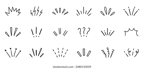 Comic Expression sign, Anime manga doodle set. Japanese decorative lines, shock, character emotion symbols, movement in sketch style. Hand drawn vector illustration isolated on white background