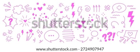 Comic expression vector elements. Cartoon sound effects set with explosive lines and speech bubbles. Hand drawn pink doodles with editable stoke. Cute manga icons, hearts, arrows, star, fun sparkles