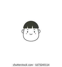 Comic Face avatar. Male or Female. Stylish Haircut. Minimalistic Icon. Black and white outline Vector illustration. Head with wide chin. Isolated on white. Cartoon Asian style. Simple cute design. 