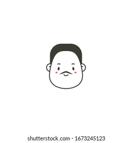Comic Face avatar. Male or Female. Stylish Haircut. Minimalistic Icon. Black and white outline Vector illustration. Head with wide chin. Isolated on white. Cartoon Asian style. Simple cute design. 
