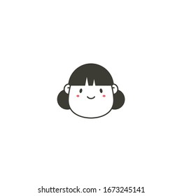 Comic Face avatar. Male or Female. Stylish Haircut. Minimalistic Icon. Black and white outline Vector illustration. Head with wide chin. Isolated on white. Cartoon Asian style. Simple cute design. 