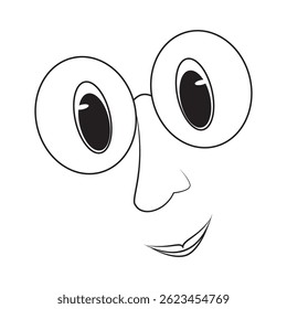 Rosto cômico com grandes olhos redondos e óculos.