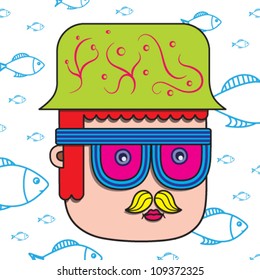 Comic face on the flying fish background. On the top of head there is a bowler.