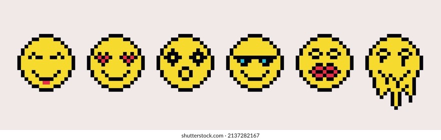 Comic faces with different emotions, pixel style. Characters with smiling faces, glasses, loving eyes, big lips, melting face.